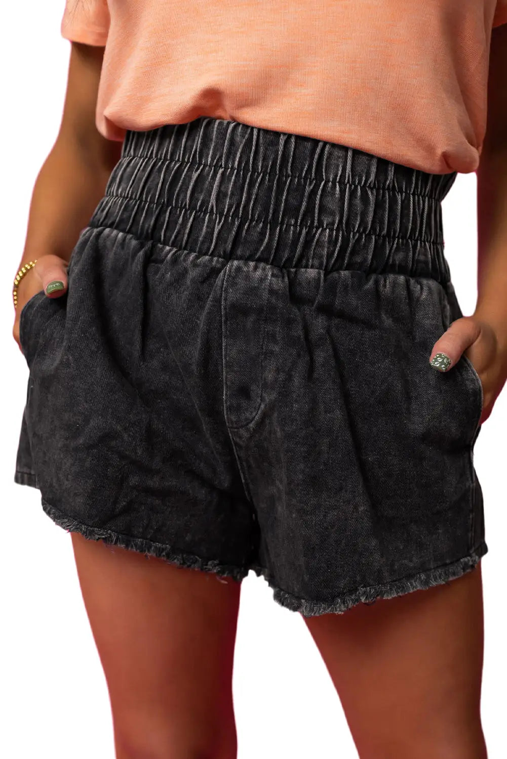 Black smocked high waist mineral washed jean shorts - denim
