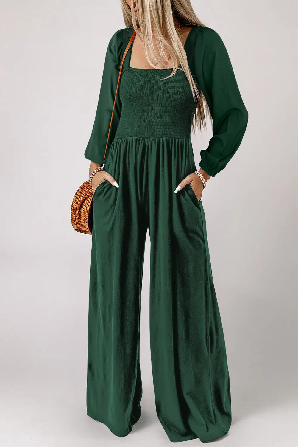 Black smocked square neck long sleeve wide leg jumpsuit - green / s / 100% polyester - jumpsuits & rompers