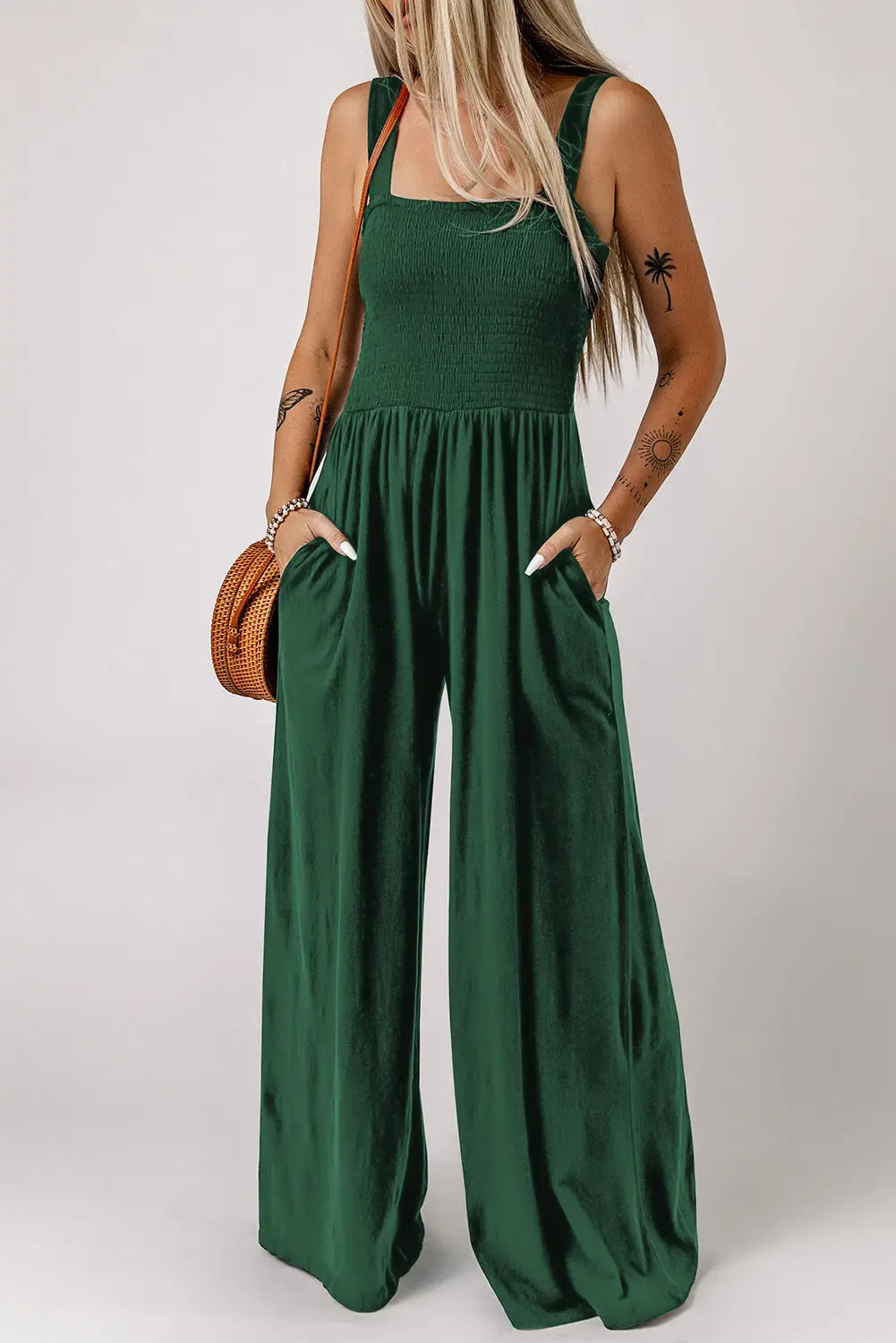 Black smocked square neck long sleeve wide leg jumpsuit - green1 / s / 100% polyester - jumpsuits & rompers