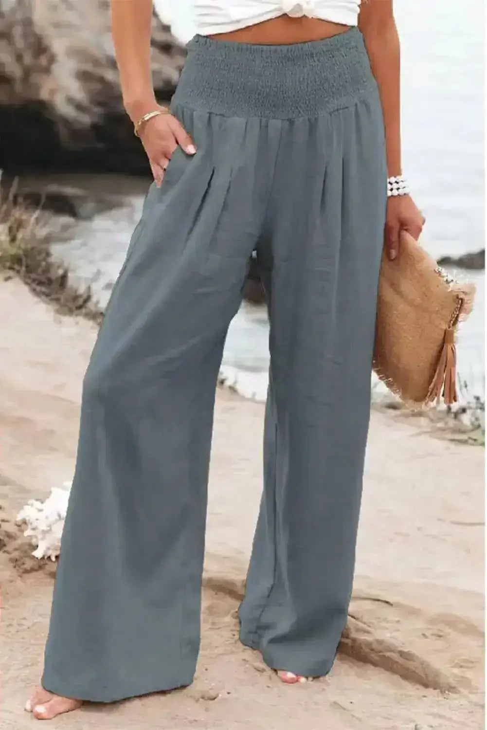 Black smocked wide waistband high waist leg pants - gray / s / 65% cotton + 35% polyester