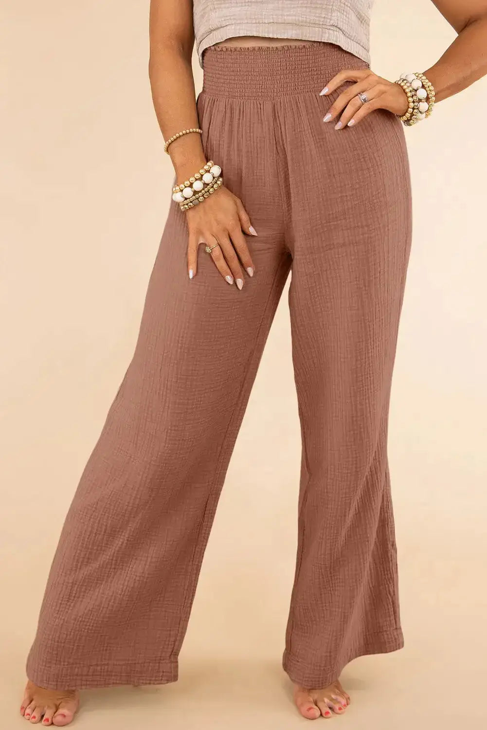 Black smocked wide waistband high waist leg pants - pink / 1x / 65% cotton + 35% polyester
