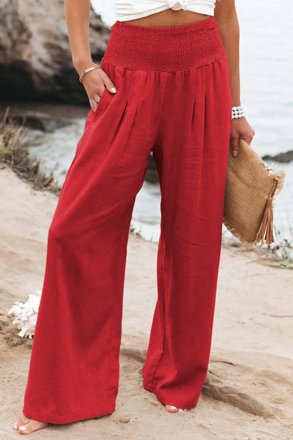 Black smocked wide waistband high waist leg pants - red / s / 65% cotton + 35% polyester