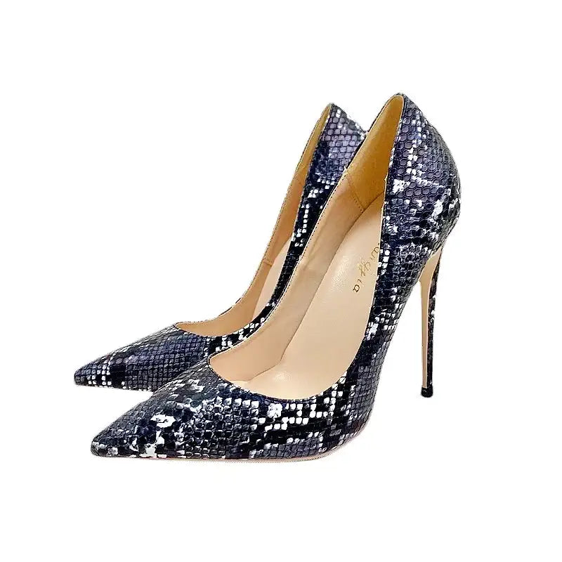 Black snake skin pattern high heel stiletto shoes - 8cm