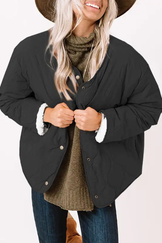 Black snap button furry reversible coat - s / 100% polyester - outerwear