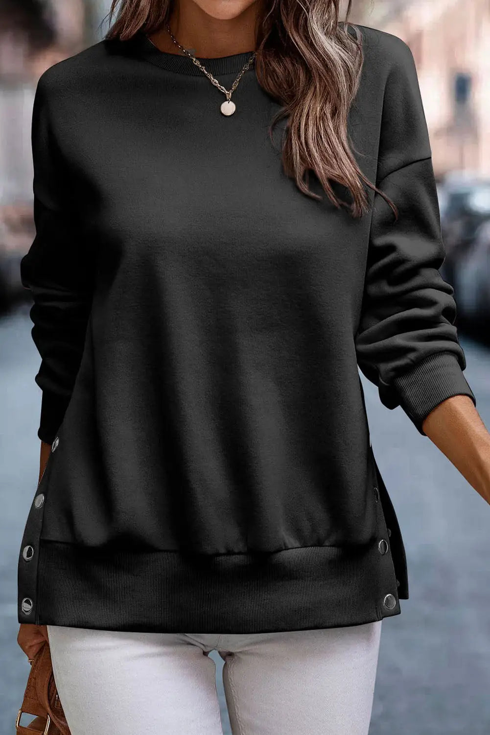 Black snap buttons side splits pullover sweatshirt - tops