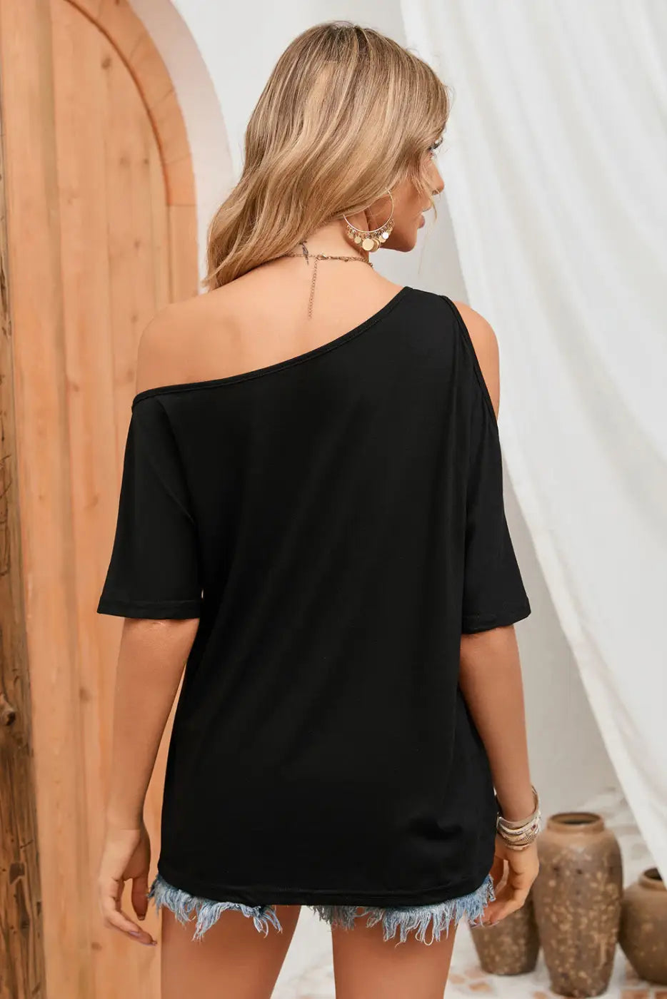 Black solid asymmetrical neck loose casual t-shirt - t-shirts