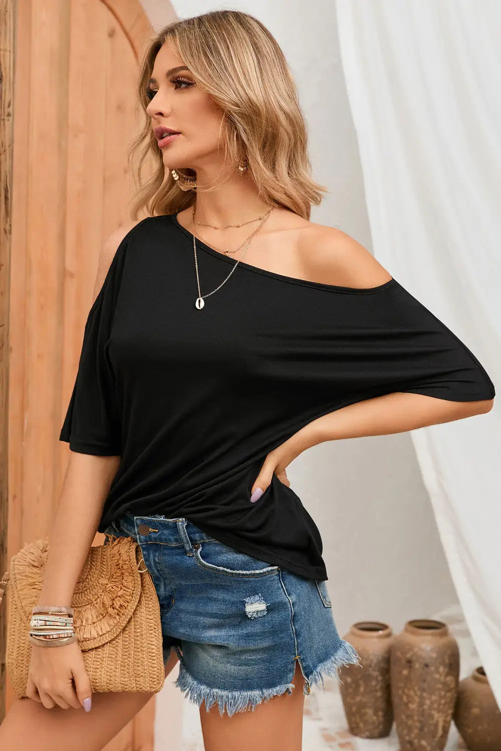 Black solid asymmetrical neck loose casual t-shirt - t-shirts