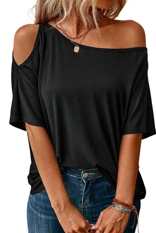 Black solid asymmetrical neck loose casual t - shirt - tops