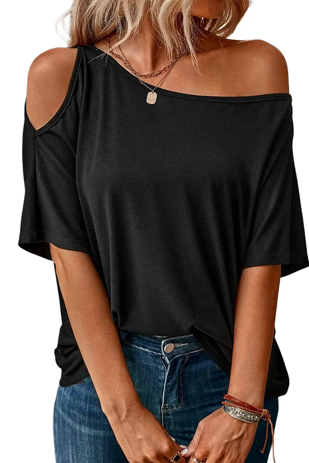 Black solid asymmetrical neck loose casual t-shirt - t-shirts