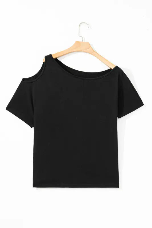 Black solid asymmetrical neck loose casual t - shirt - tops