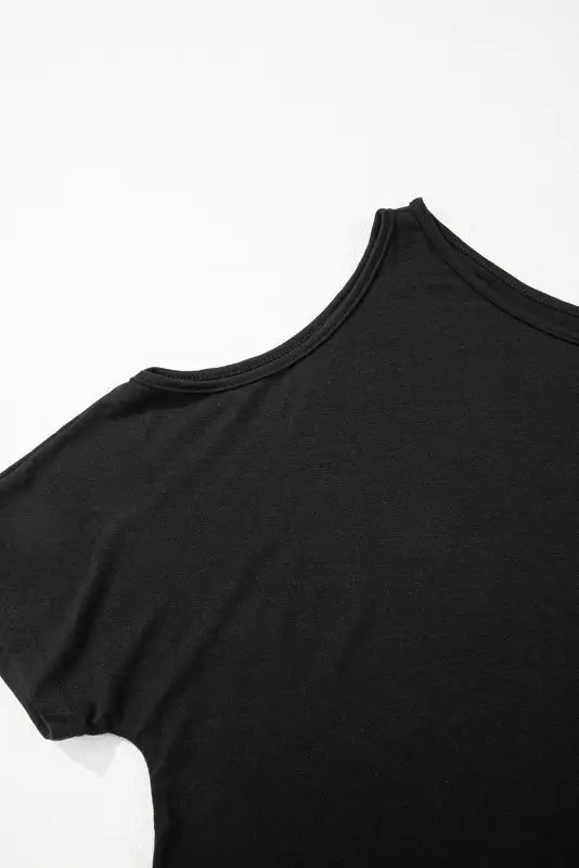 Black solid asymmetrical neck loose casual t - shirt - tops