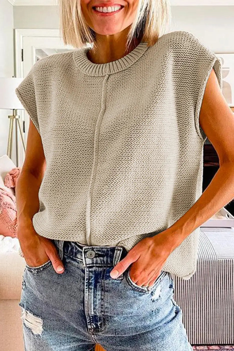 Urban edge cap sleeve knit sweater - oatmeal / l / 60% cotton + 40% acrylic - short sweaters