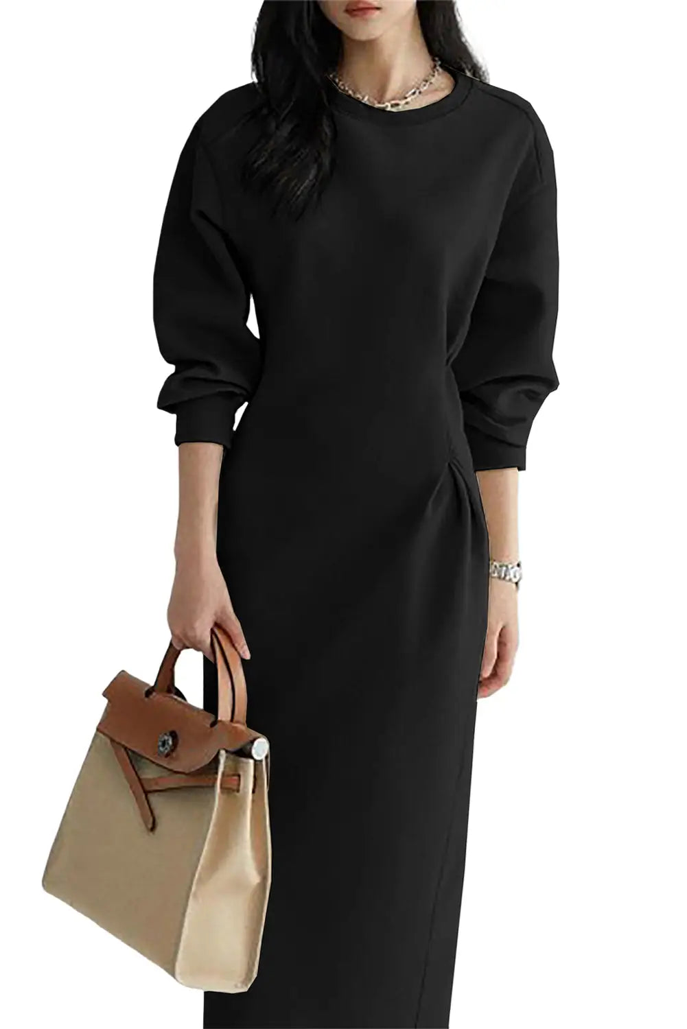 Black solid color cinched waist long sleeve maxi dress - dresses