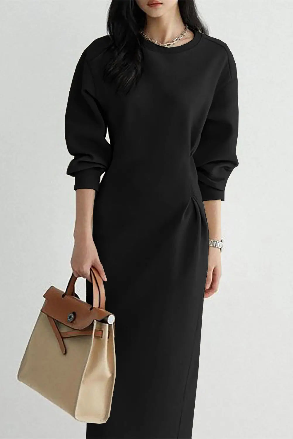 Black solid color cinched waist long sleeve maxi dress - s / 92% polyester + 8% elastane - dresses
