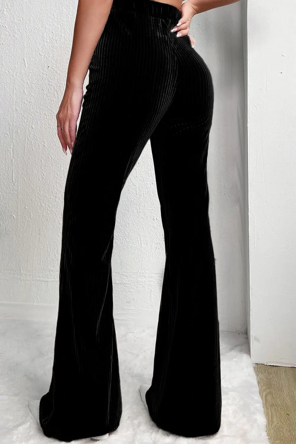 Black solid color high waist flare corduroy pants - wide leg