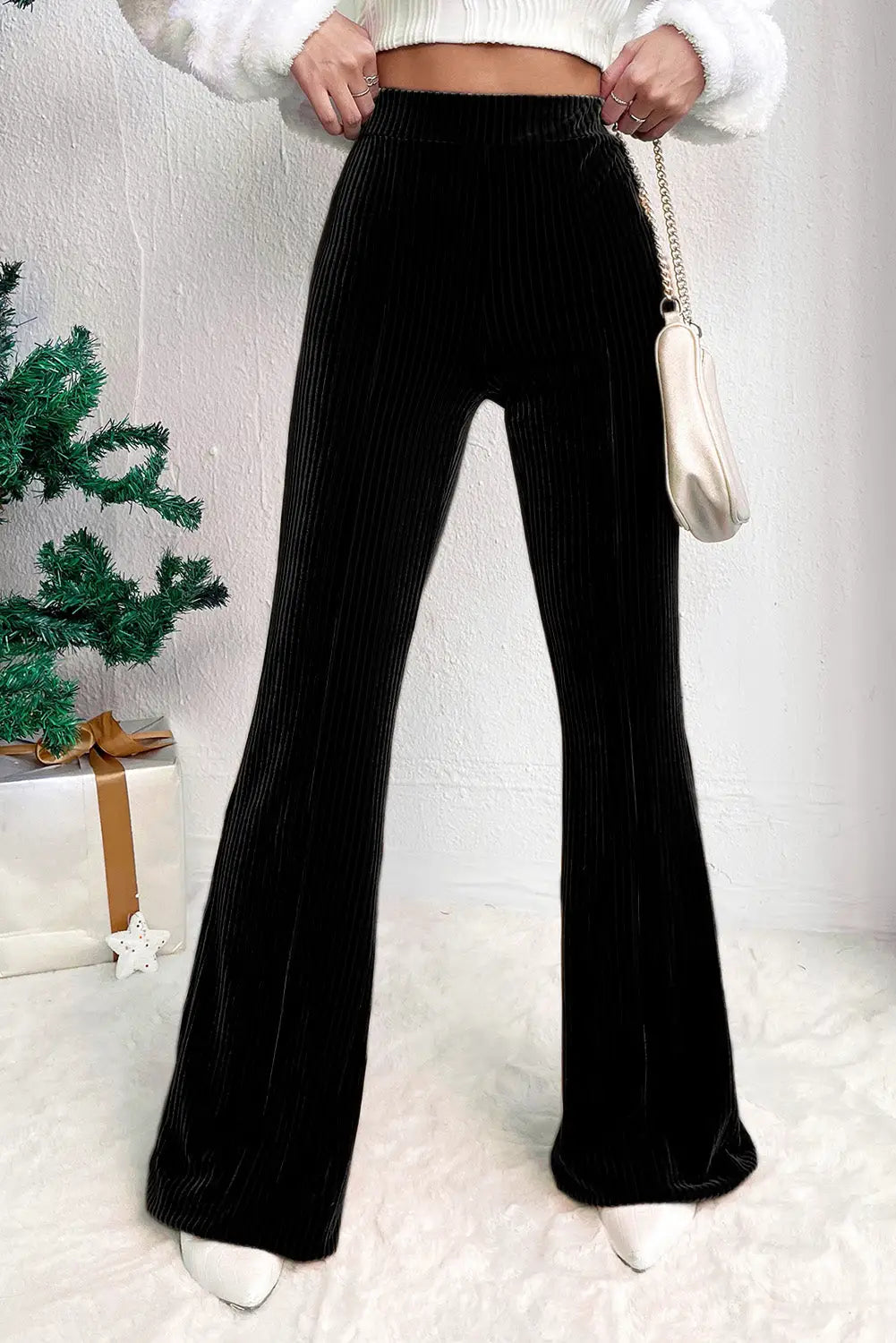Black solid color high waist flare corduroy pants - l / 90% polyester + 10% elastane - wide leg