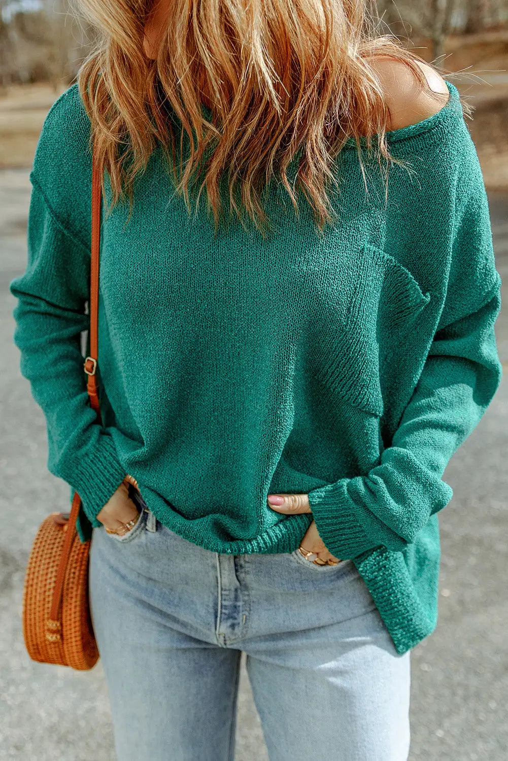 Black solid color off shoulder rib knit sweater with pocket - green / s / 100% acrylic - & cardigans