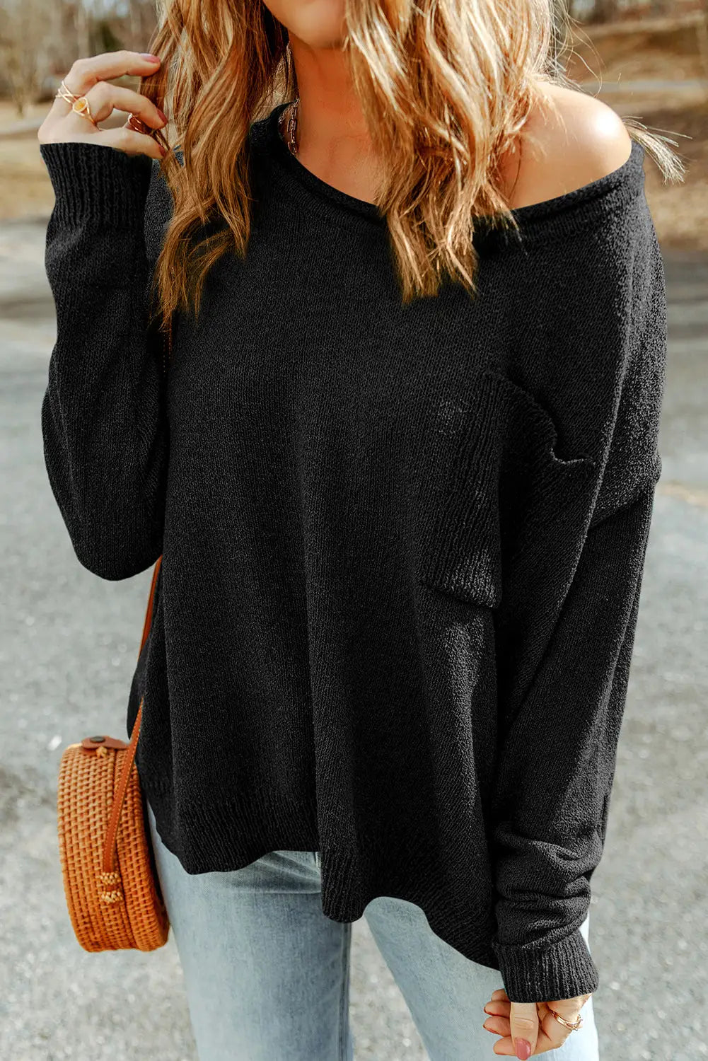 Black solid color off shoulder rib knit sweater with pocket - s / 100% acrylic - & cardigans