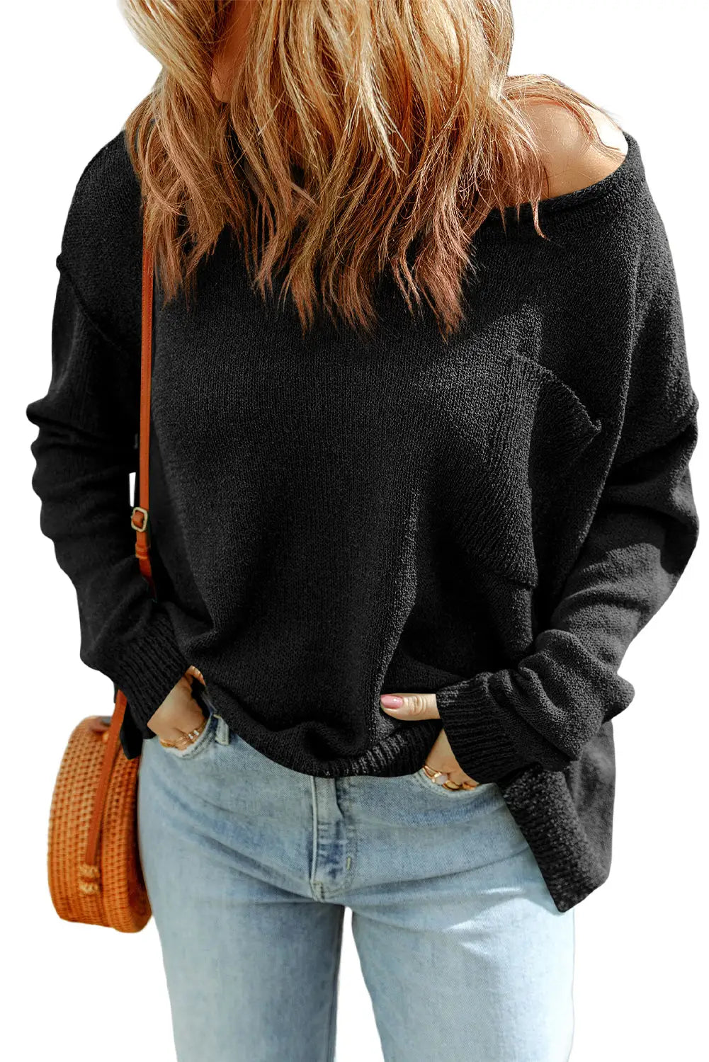 Black solid color off shoulder rib knit sweater with pocket - & cardigans
