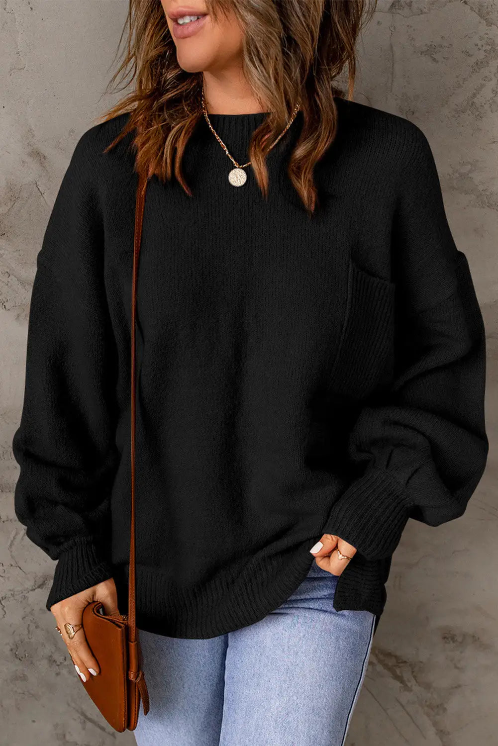 Black solid color puffy sleeve pocketed sweater - l / 97% polyester + 3% polyamide - tops