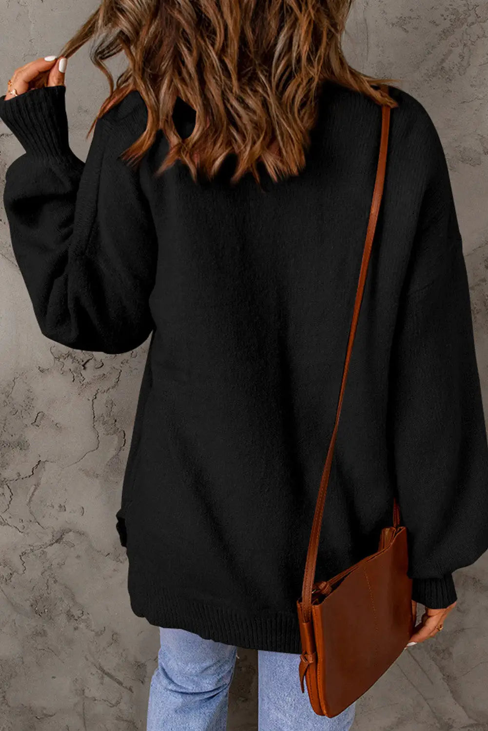 Black solid color puffy sleeve pocketed sweater - tops