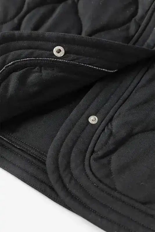 Black Solid Color Quilted Snap Button Jacket - Fashionfitz