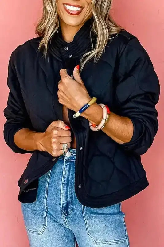 Black Solid Color Quilted Snap Button Jacket - Fashionfitz