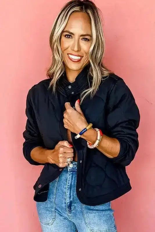 Black Solid Color Quilted Snap Button Jacket - Fashionfitz