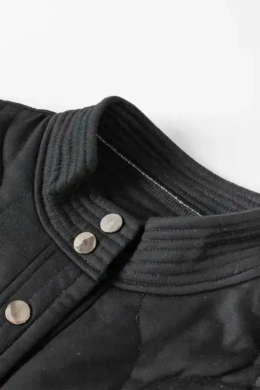Black Solid Color Quilted Snap Button Jacket - Fashionfitz