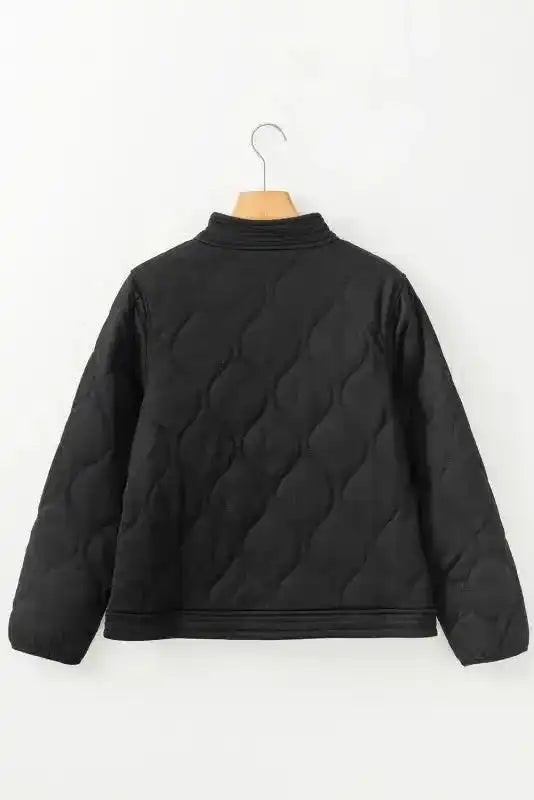 Black Solid Color Quilted Snap Button Jacket - Fashionfitz