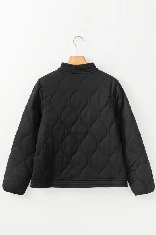 Black solid color quilted snap button jacket - outerwear