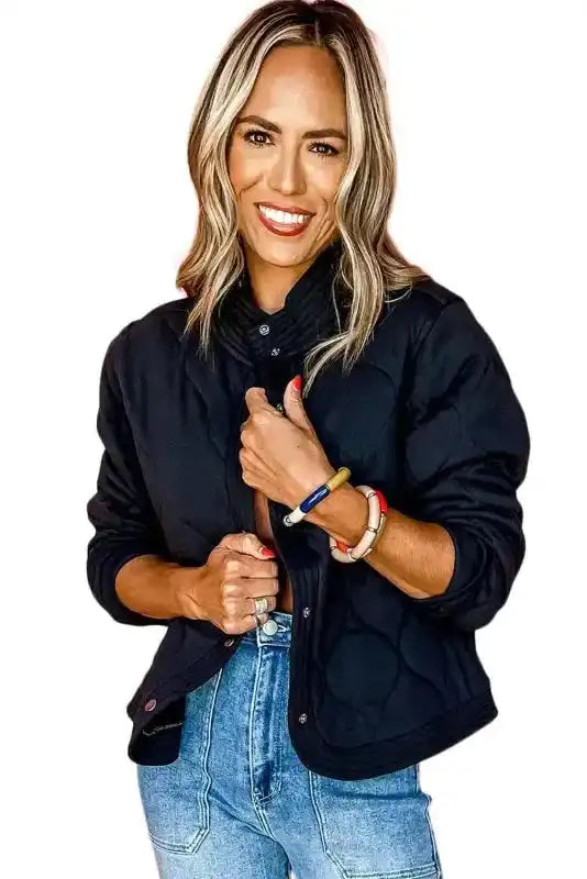 Black Solid Color Quilted Snap Button Jacket - Fashionfitz