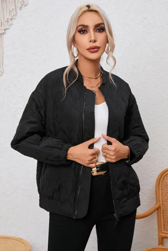 Black solid color quilted zip up puffer jacket - jackets