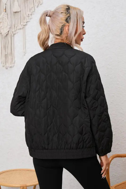 Black solid color quilted zip up puffer jacket - jackets