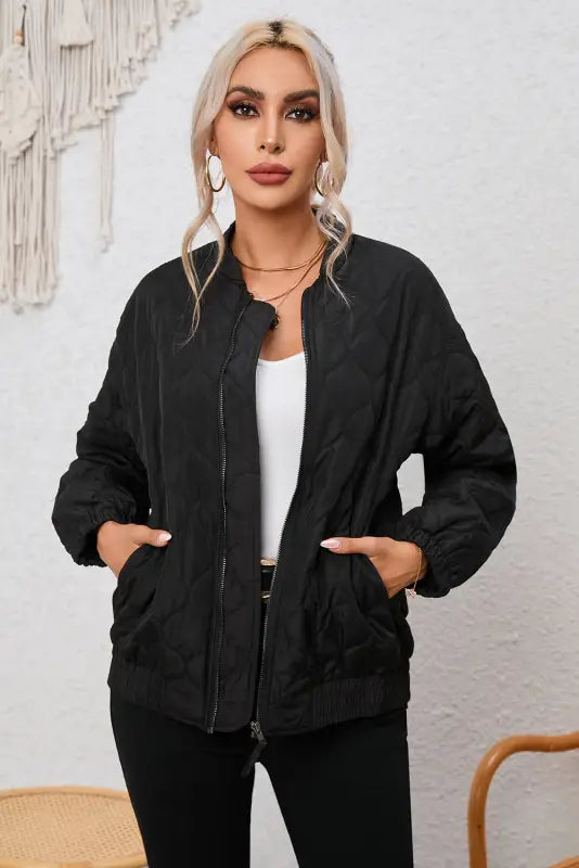 Black solid color quilted zip up puffer jacket - jackets