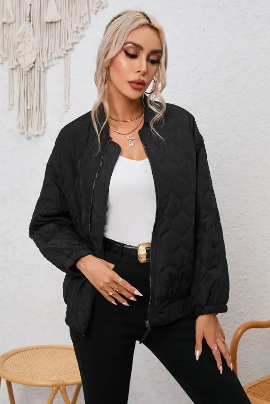 Black solid color quilted zip up puffer jacket - jackets