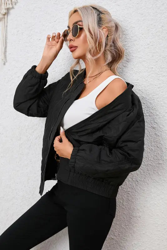 Black solid color quilted zip up puffer jacket - jackets