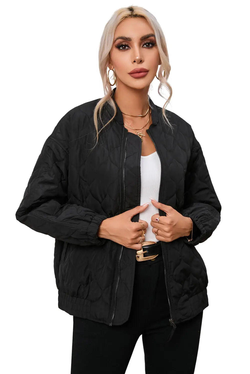 Black solid color quilted zip up puffer jacket - jackets