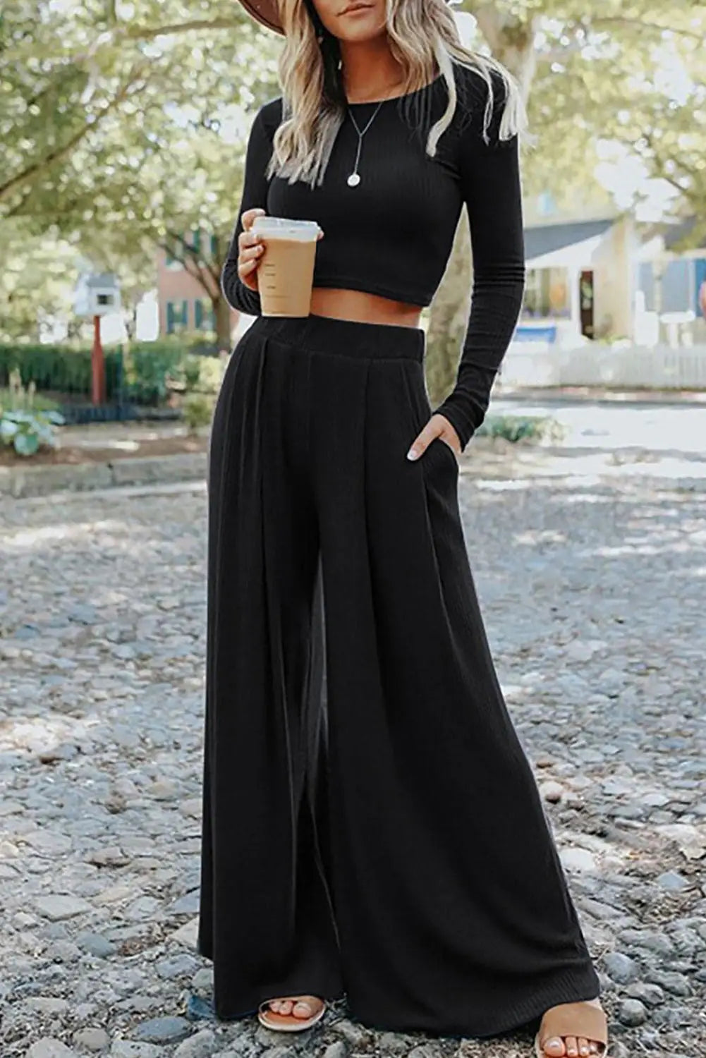 Black solid color ribbed crop top long pants set - s / 65% polyester + 25% viscose + 10% elastane - loungewear