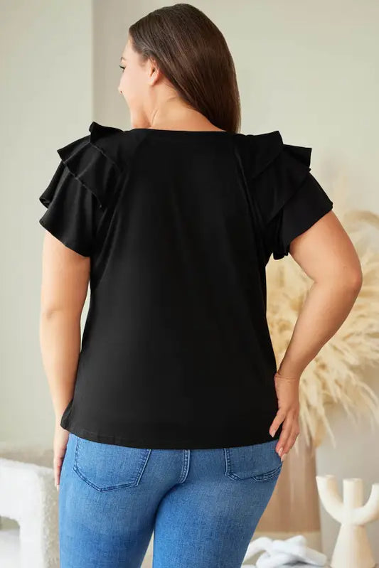 Black solid color ruffle tiered sleeve plus size tee