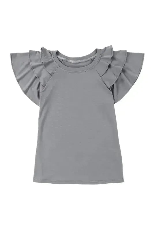 Black Solid Color Ruffle Tiered Sleeve Plus Size Tee - Fashionfitz