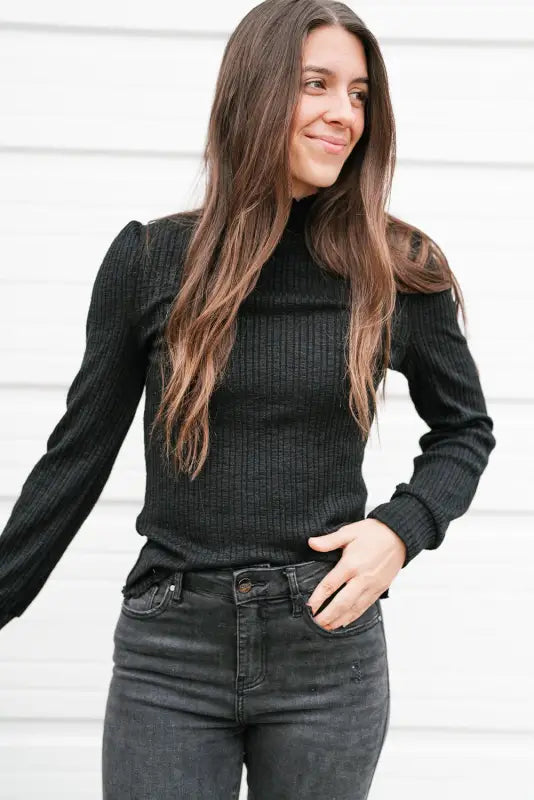 Black solid color ruffled high neck long sleeve top - tops