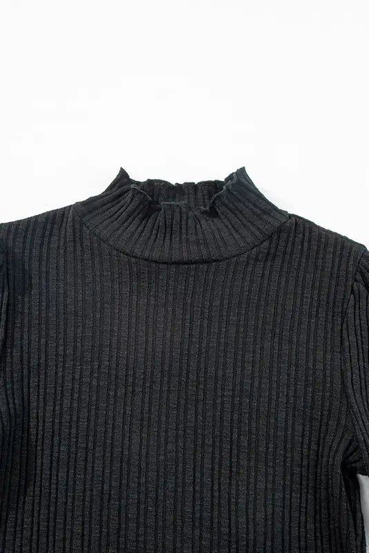 Black solid color ruffled high neck long sleeve top - tops