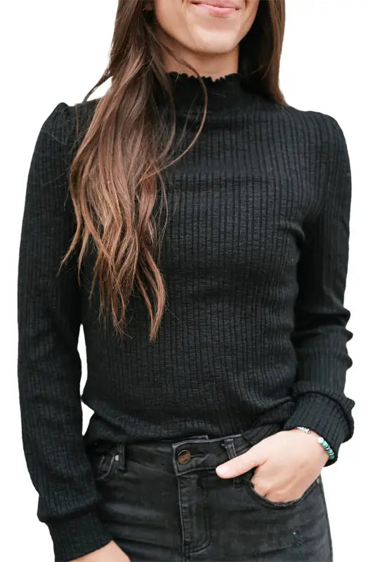 Black solid color ruffled high neck long sleeve top - tops