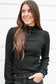 Black solid color ruffled high neck long sleeve top - tops