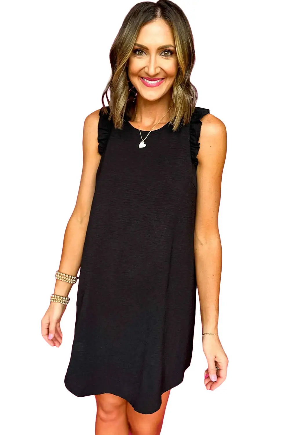 Black solid color ruffled sleeveless shift mini dress - dresses