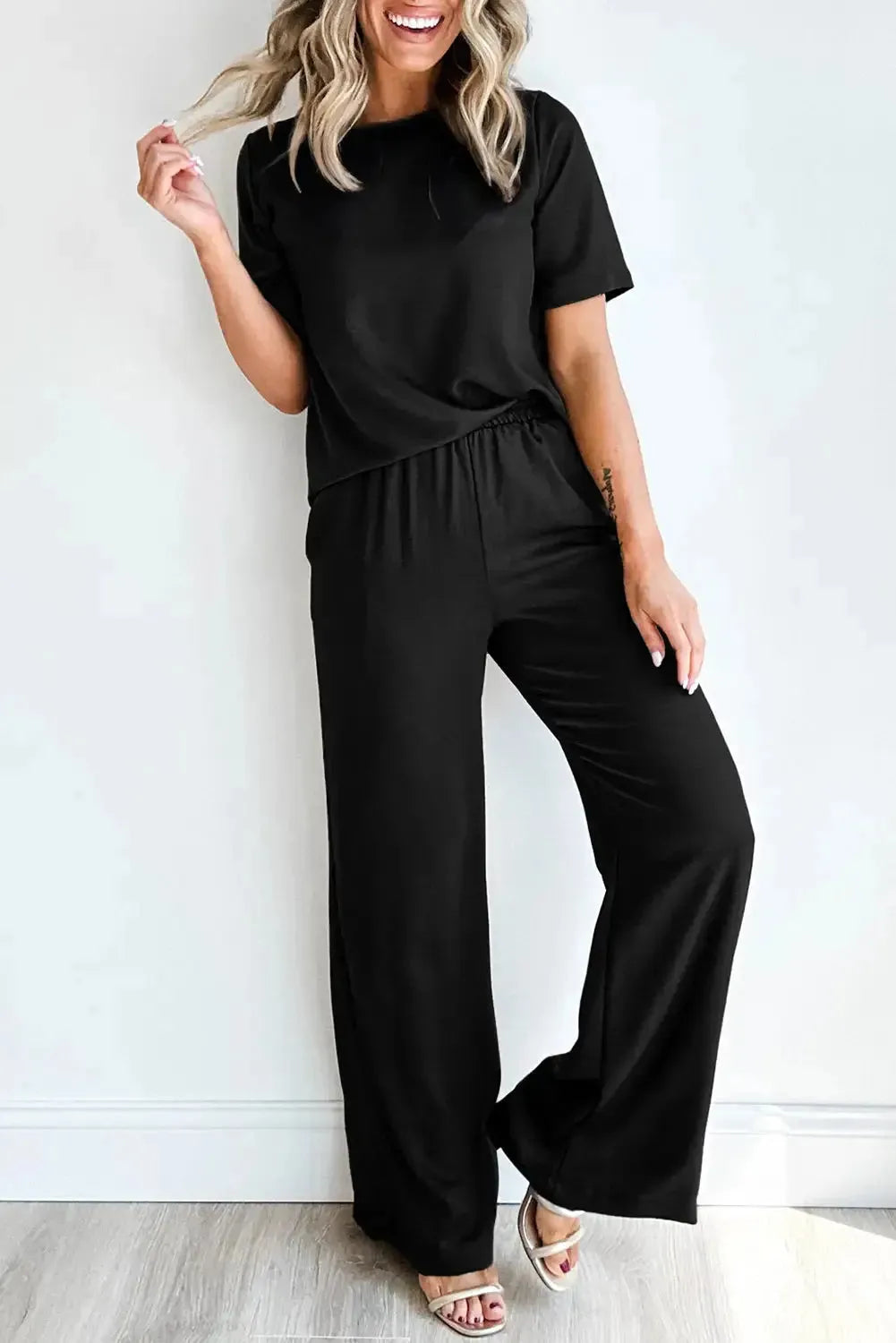 Black Solid Color T Shirt 2pcs Wide Leg Pants Set - Fashionfitz