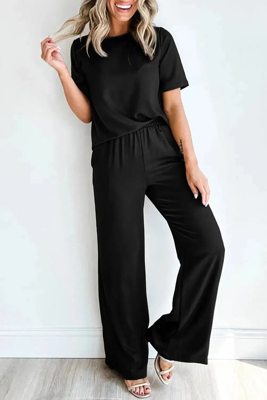Black Solid Color T Shirt 2pcs Wide Leg Pants Set - Fashionfitz