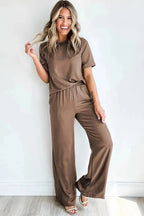 Black Solid Color T Shirt 2pcs Wide Leg Pants Set - Fashionfitz