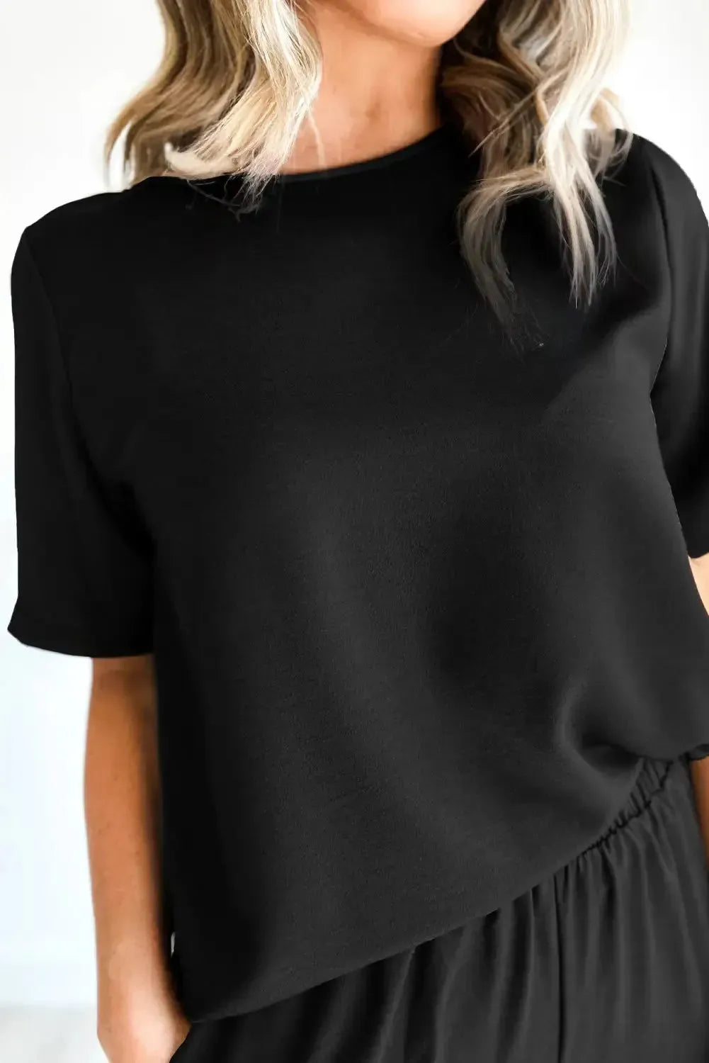 Black Solid Color T Shirt 2pcs Wide Leg Pants Set - Fashionfitz